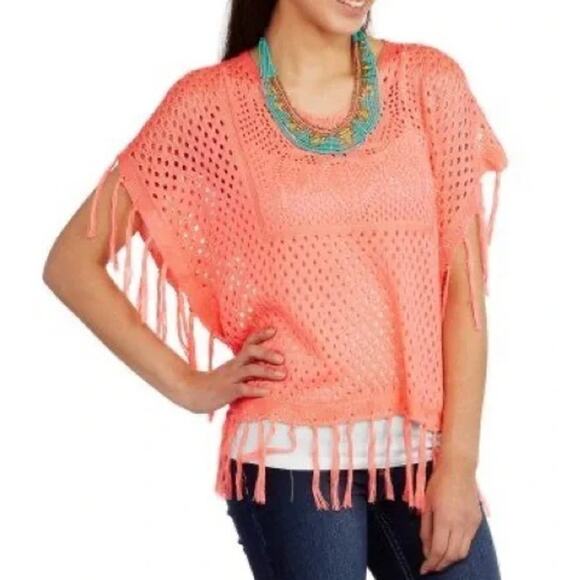 No Boundaries Coral Fringe Hem Poncho Cover-Up Top - Picture 1 of 7